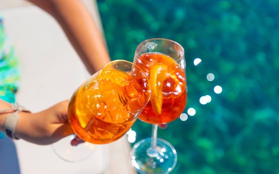 Zwei Hände halten Gläser mit orangefarbenen Getränken und Orangenscheiben. 