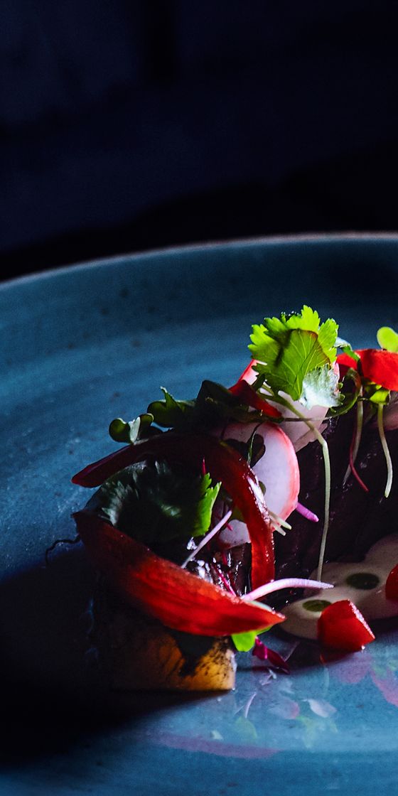 Auf einem blauen Teller ist ein kleines Gericht mit geräuchertem Lachs angerichtet.