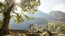 Eine Frau fährt auf einem Mountainbike durch die Natur von Tessin in der Schweiz.