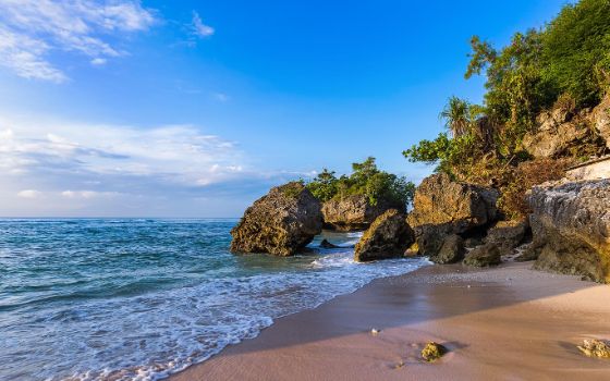 Ein Strand mit blauem Meer ist umgeben von Felsen und kleinen Bäumen.