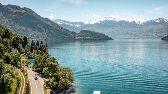 Neben einem grossen See liegt eine kleine, gewundene Strasse, die umgeben von Bäumen ist, im Hintergrund sieht man die Berge und blauen Himmel. 