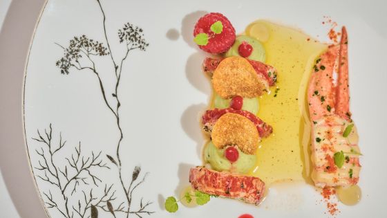 Schön angerichteter Teller mit blauem Hummer aus der Bretagne mariniert mit Gewürzen, Himbeeren und geräucherter Avocado im Restaurant Domaine Châteauvieux von Philippe Chevrier.
