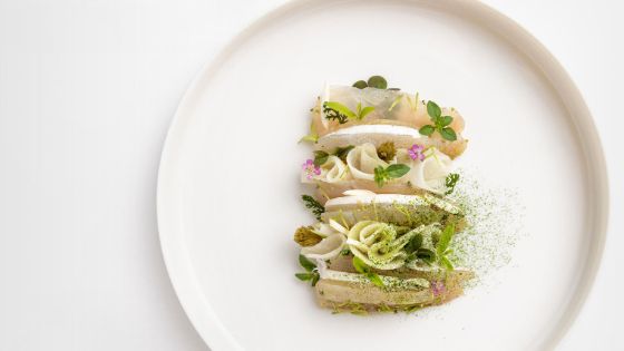 Auf einem weissen Teller sind verschiedene helle Speisen angerichtet und mit Blüten und Kräutern garniert. 