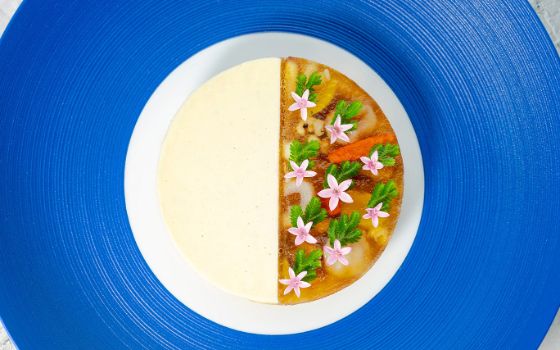 Auf einem Teller liegt das Dessert Ginkgo- und Jujube-Käsekuchen mit Chrysanthemen-Sirup.