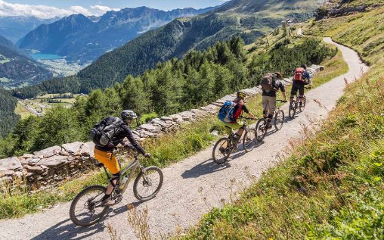 Vier Personen auf Mountainbikes fahren auf einer Strasse in den Bergen.