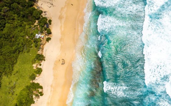 Luftaufnahme von einem Strand mit Meer und Bäumen, am Strand liegt ein Teil eines Schiffwracks.