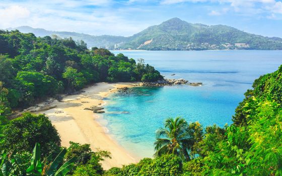 Hügeliges Küstenpanorama mit Dschungelvegetation an einer Bucht mit Sandstrand. 