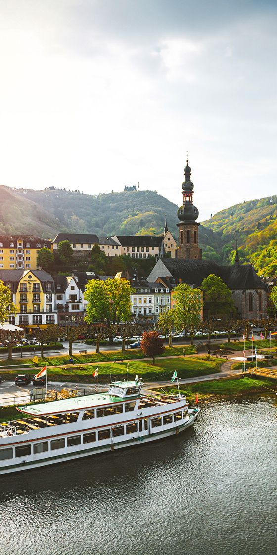 Mittelalterliche Burg auf einem grünen Hügel oberhalb einer Kleinstadt mit Fachwerkhäusern an einem Fluss mit Ausflugsbooten.