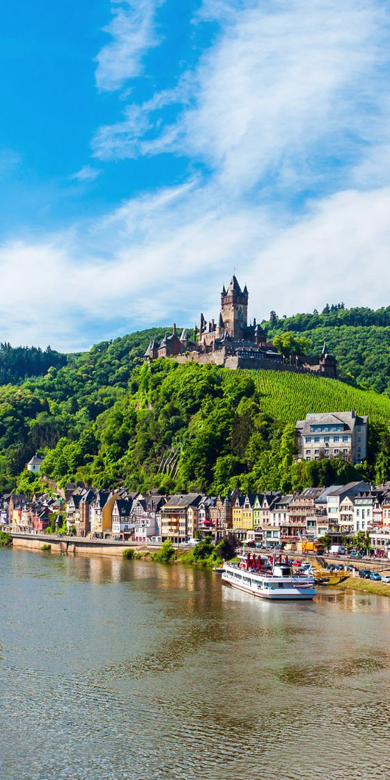 Mittelalterliche Burg auf einem grünen Hügel oberhalb einer Kleinstadt mit Fachwerkhäusern an einem Fluss mit Ausflugsbooten.