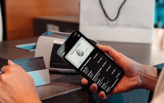 Nahaufnahme einer Hand, die ein Smartphone hält, auf dem Display ist eine Platinum Card von American Express zu sehen