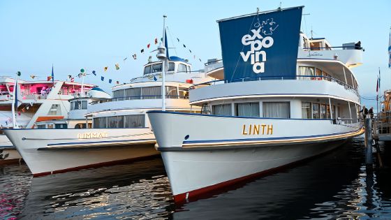 Drei weisse Schiffe liegen nebeneinander in einem Hafenbecken, auf dem vorderen befindet sich eine blaue Flagge mit einer Logotype «Expovina». 