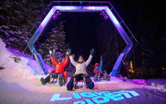 Drei Personen sitzen mit ausgestreckten Armen auf Schlitten auf einer mit buntem Neonlicht beleuchteten Rodelpiste bei Nacht.