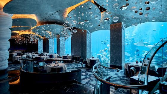 In einem Restaurant stehen Tische und Stühle vor einer Fensterfront, hinter der ein grosses Aquarium ist, in dem Fische schwimmen.  