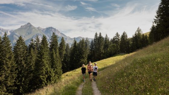 Eine Frau und zwei Kinder laufen auf einem Weg zwischen Wiesen sowie Bäumen und mit Bergpanorama.