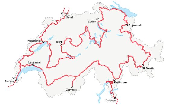 In einer hellgrauen Landkarte der Schweiz zeigt eine dicke, rote Linie die Route der Grand Tour of Switzerland. 
