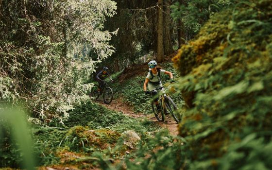 Zwei Personen auf Mountainbikes fahren durch die Engadiner Bergwelt in der Schweiz. 