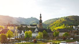 Mittelalterliche Burg auf einem grünen Hügel oberhalb einer Kleinstadt mit Fachwerkhäusern an einem Fluss mit Ausflugsbooten.